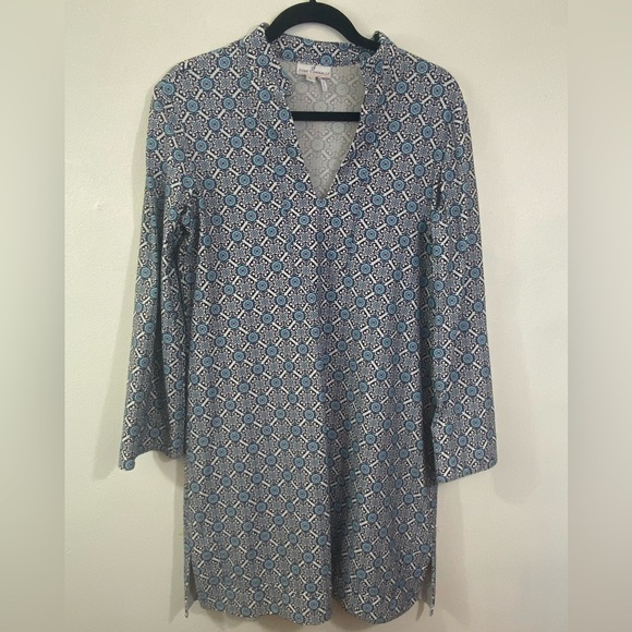 Jude Connally Megan Shift Dress V-Neck 3/4 Sleeve Blue Print Mod Cloth Tunic L - Picture 1 of 8